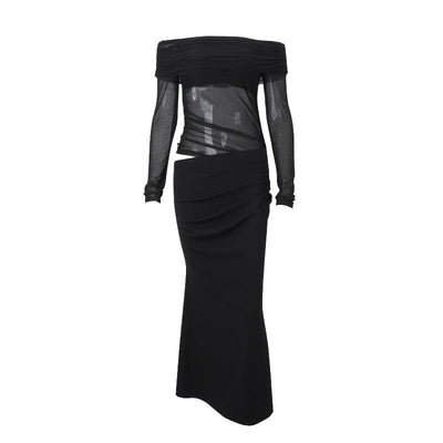 Women Clothing Spring Sexy Sexy off Shoulder Mesh Stitching Long Sleeves Hollow Out Cutout Dress Women