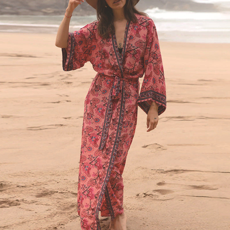 Vacation Beach Coat Rayon Printed Sunscreen Cardigan Vacation Bikini Cover
