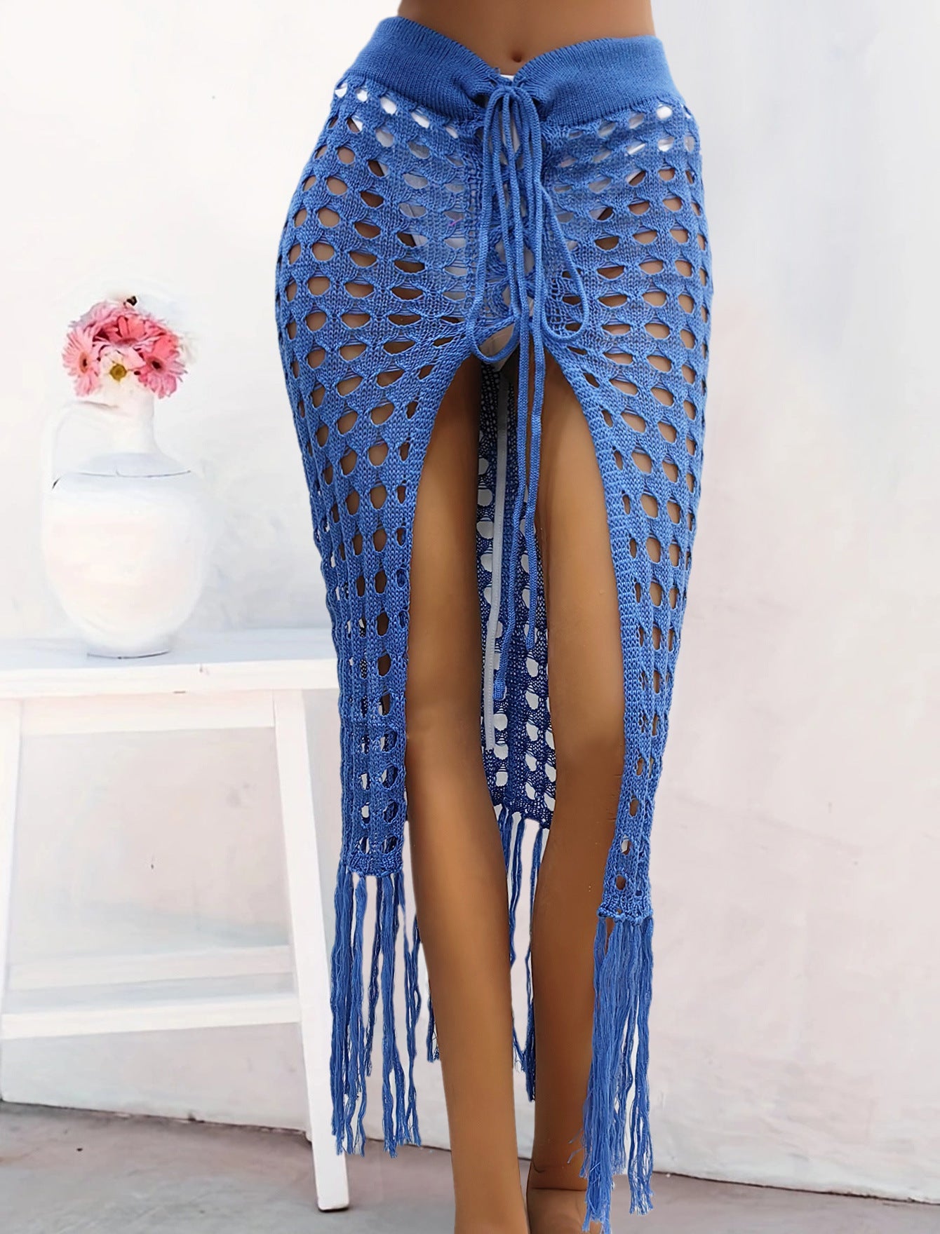 Women Clothing Sexy Cutout Woven Lace up Tassel Dress Split Beach Skirt