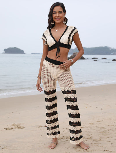 Women Beach Clothing Stitching Sexy Deep V Plunge Tied Top Bootcut Pants Two Piece Set