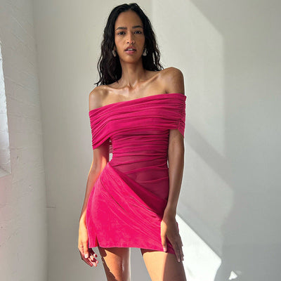 Women Clothing Mesh Stitching off Neck Transparent Slim Fit Sheath Dress