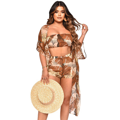 Women Clothing Tube Top Shorts Printed Fashionable Chiffon Outerwear Shirt Swimsuit Three-Piece Suit