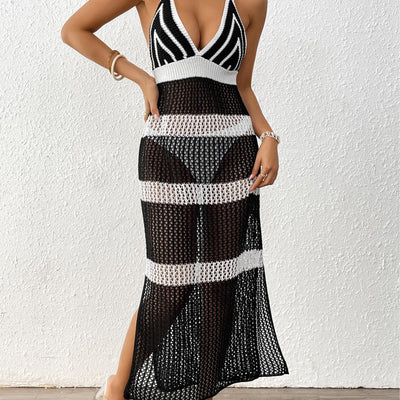 Women Dress Women Clothing Color Contrast Patchwork Suspender Skirt Tied Slim Fit Dress Beach Cover up