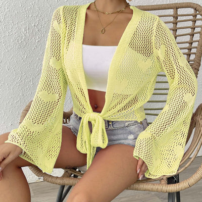 Women Cardigan Clothing Spring Summer Lace up Bow Bell Sleeve Mechanism Shirt Beach Cover Up