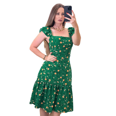 Women French Midi Dress Floral Print Strap Dress