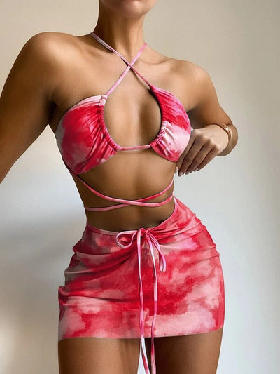 Women Seperated Swimwear Lishi Printed Three Piece Set Bikini