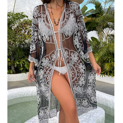 Water Soluble Silk Sun Protection Clothing Hollow Out Cutout Embroidered Strap Loose Sexy Casual Beach Cover Up