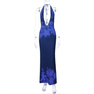Women Clothing Autumn Printed Sexy Backless Slim Fit Split Lace up Dress