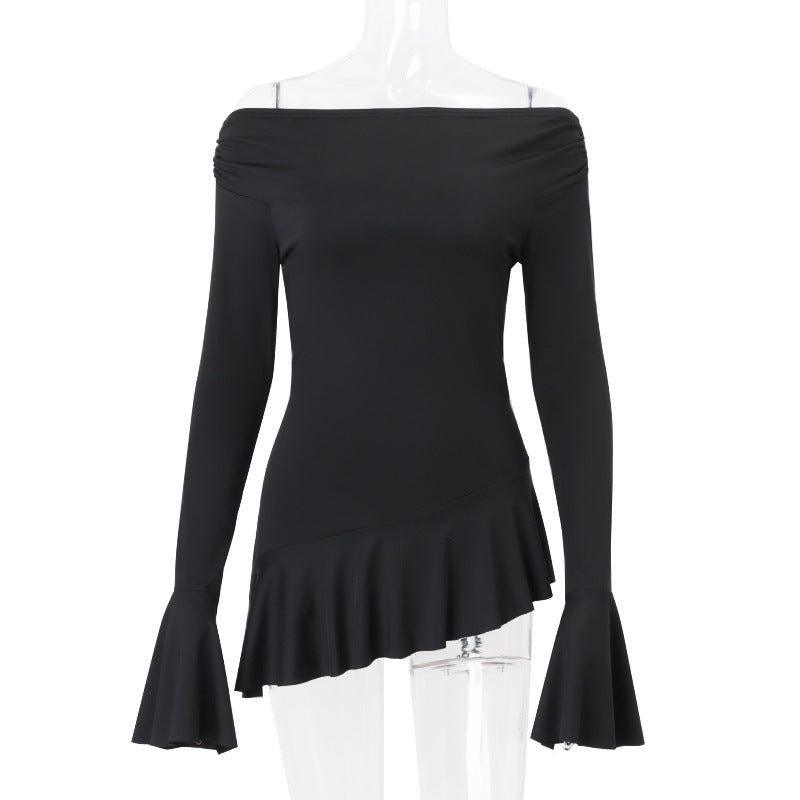 Women Clothing Spring Summer off Shoulder Bell Sleeve Long Sleeved Fitted T shirt Top Women