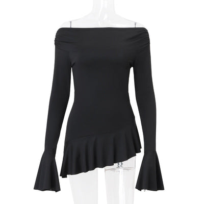 Women Clothing Spring Summer off Shoulder Bell Sleeve Long Sleeved Fitted T shirt Top Women