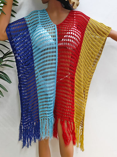 Women Beach Vacation Beach Cover Up Women Clothing Contrast Color Hollow Out Cutout Woven Shirt Sexy Dress