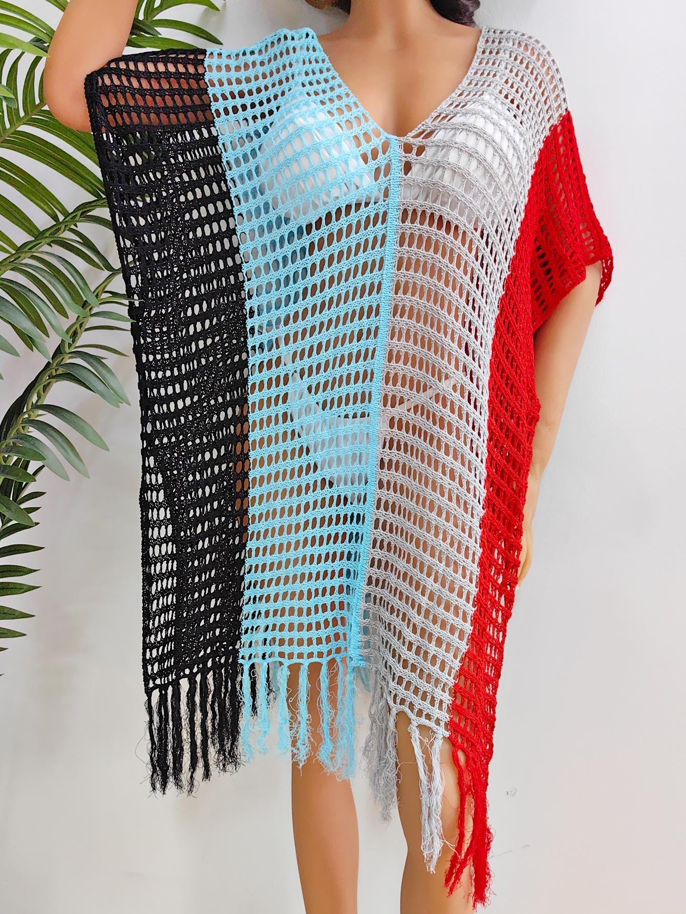 Women Beach Vacation Beach Cover Up Women Clothing Contrast Color Hollow Out Cutout Woven Shirt Sexy Dress
