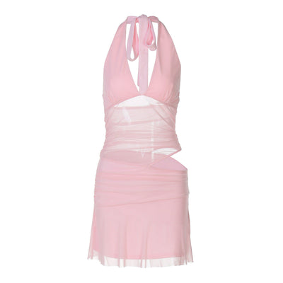 Women Clothing Sexy Deep V Plunge Stitching Mesh Hollow Out Cutout Hip Wrapped Short Halter Dress