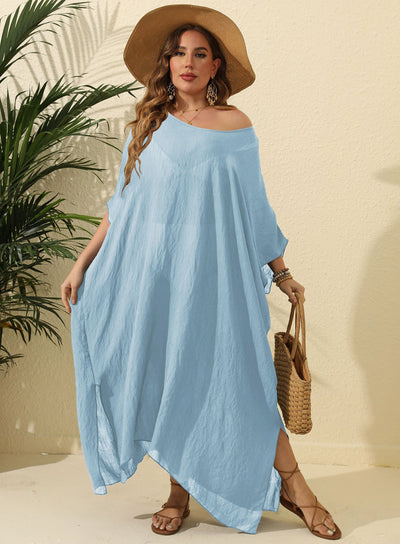 Women Clothes Solid Color Loose Blouse Beach Vacation Split Mop Dress