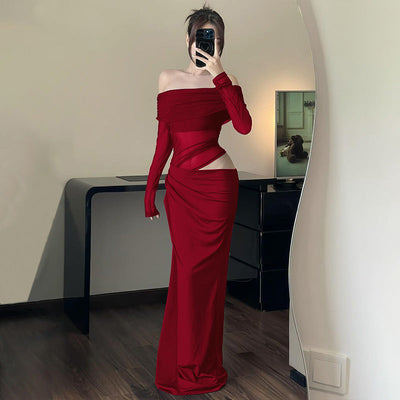Women Clothing Spring Sexy Sexy off Shoulder Mesh Stitching Long Sleeves Hollow Out Cutout Dress Women