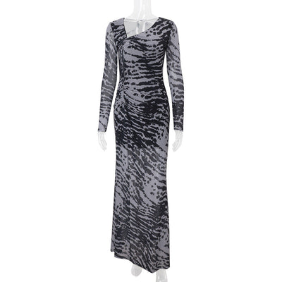 Women Clothing Autumn Retro Sexy off Shoulder Zebra Stripe Slim Fit Long Sleeve Dress Women