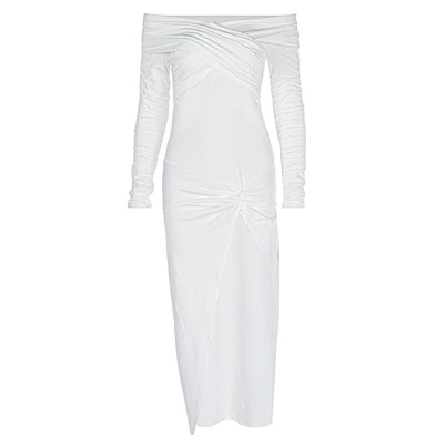 Women Clothing Autumn Solid Color off the Shoulder Tube Top Split Pleated Long Sleeve Dress