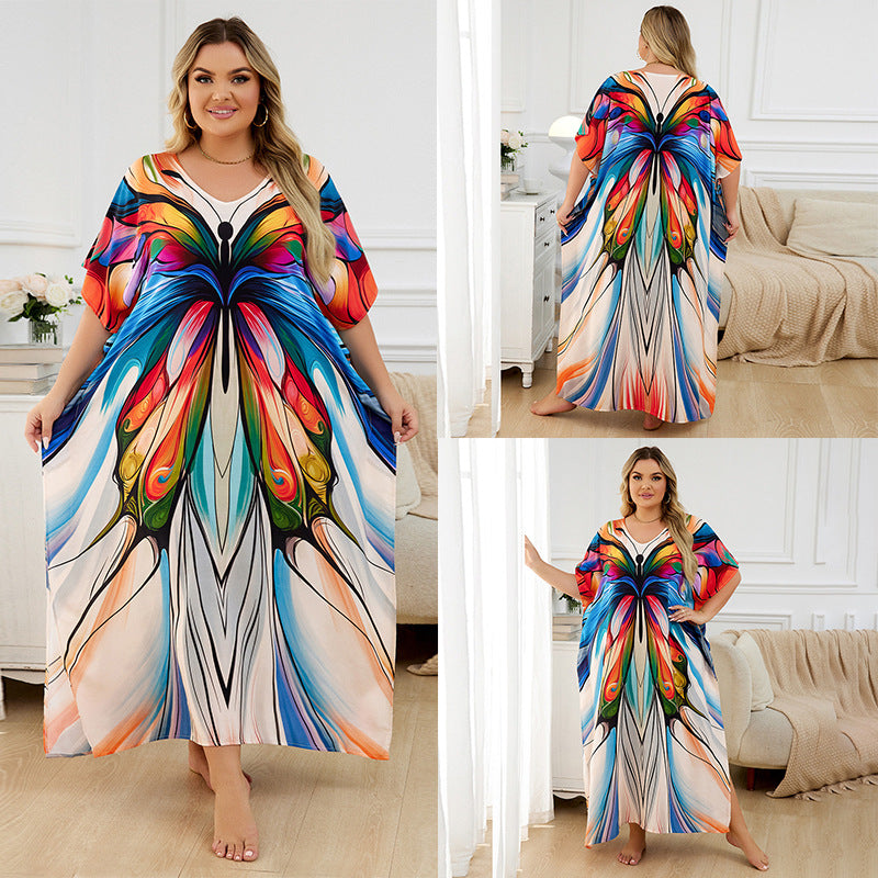 Rayon Positioning Print Holiday Loose Robe Beach Jacket Dress Bikini Cover up Blouse