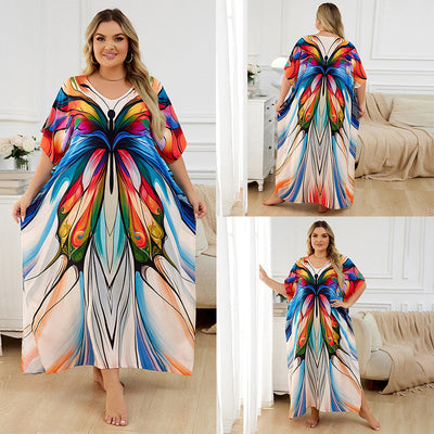 Rayon Positioning Print Holiday Loose Robe Beach Jacket Dress Bikini Cover up Blouse