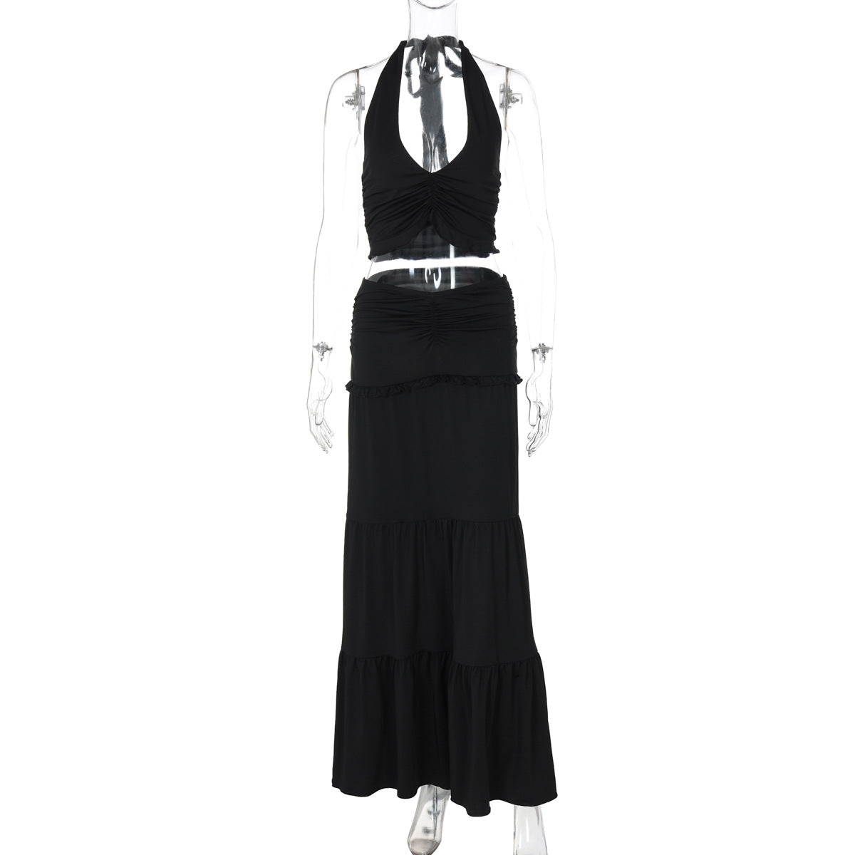 Women Clothing Summer Lace Halterneck Vest Pleated Skirt Two Piece Set for Women