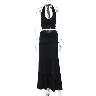 Women Clothing Summer Lace Halterneck Vest Pleated Skirt Two Piece Set for Women