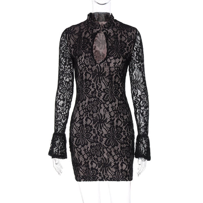 Women Clothing Winter Sexy Lace Cutout Package Hip Flare Sleeve Dress