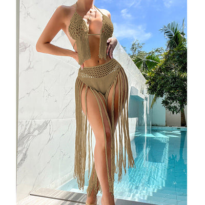 Beach Tourism Hand Crocheting Three Dimensional Floral Tassel Beach Sexy Open Back Swimsuit Bikini Set Crochet hook