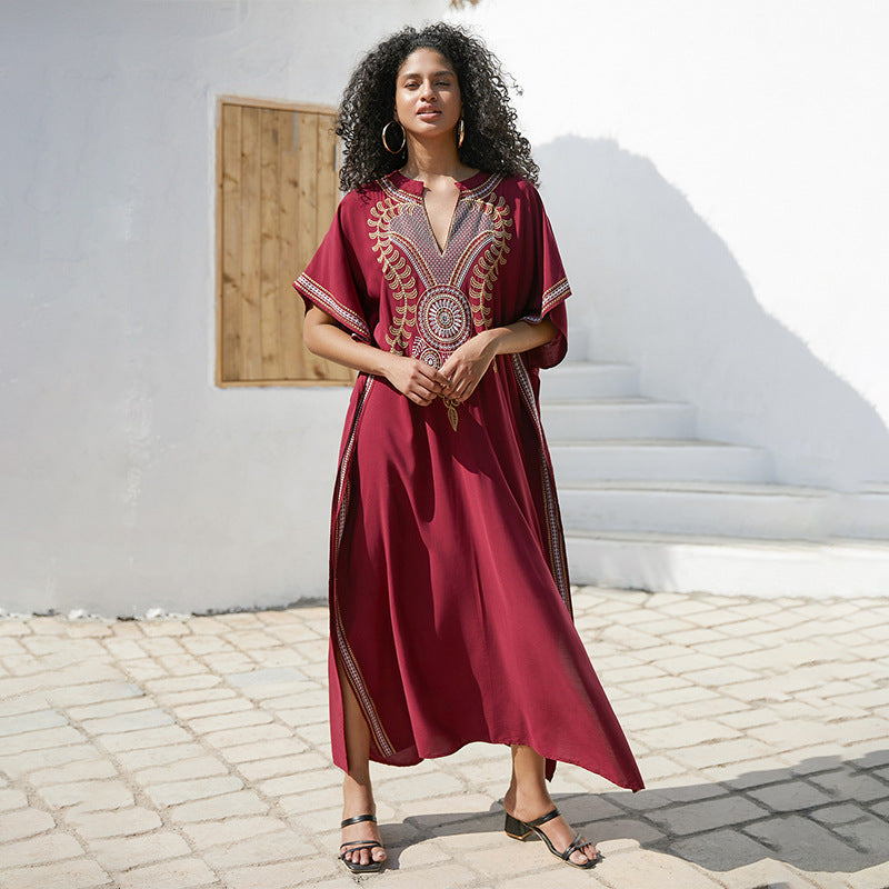 Rayon Embroidered Robe Women Embroidered Vacation Loose Beach Jacket Maxi Dress Beach Cover Up
