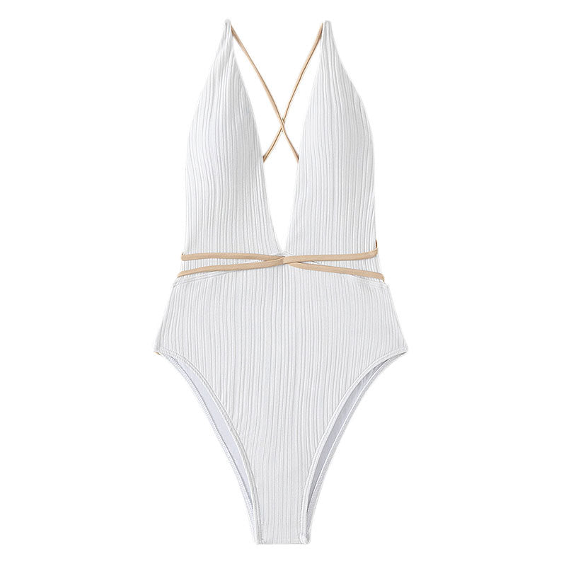 Beach Swimwear Solid Color V neck Backless Quick Drying One Piece Swimsuit Bikini Swimwear Women