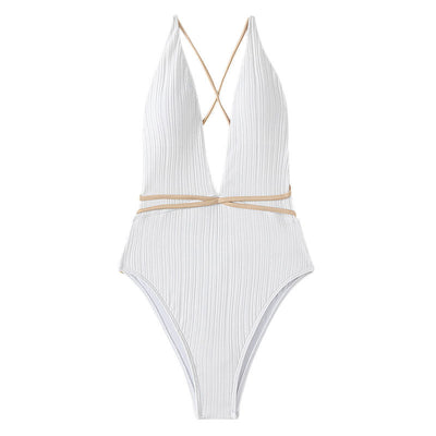 Beach Swimwear Solid Color V neck Backless Quick Drying One Piece Swimsuit Bikini Swimwear Women