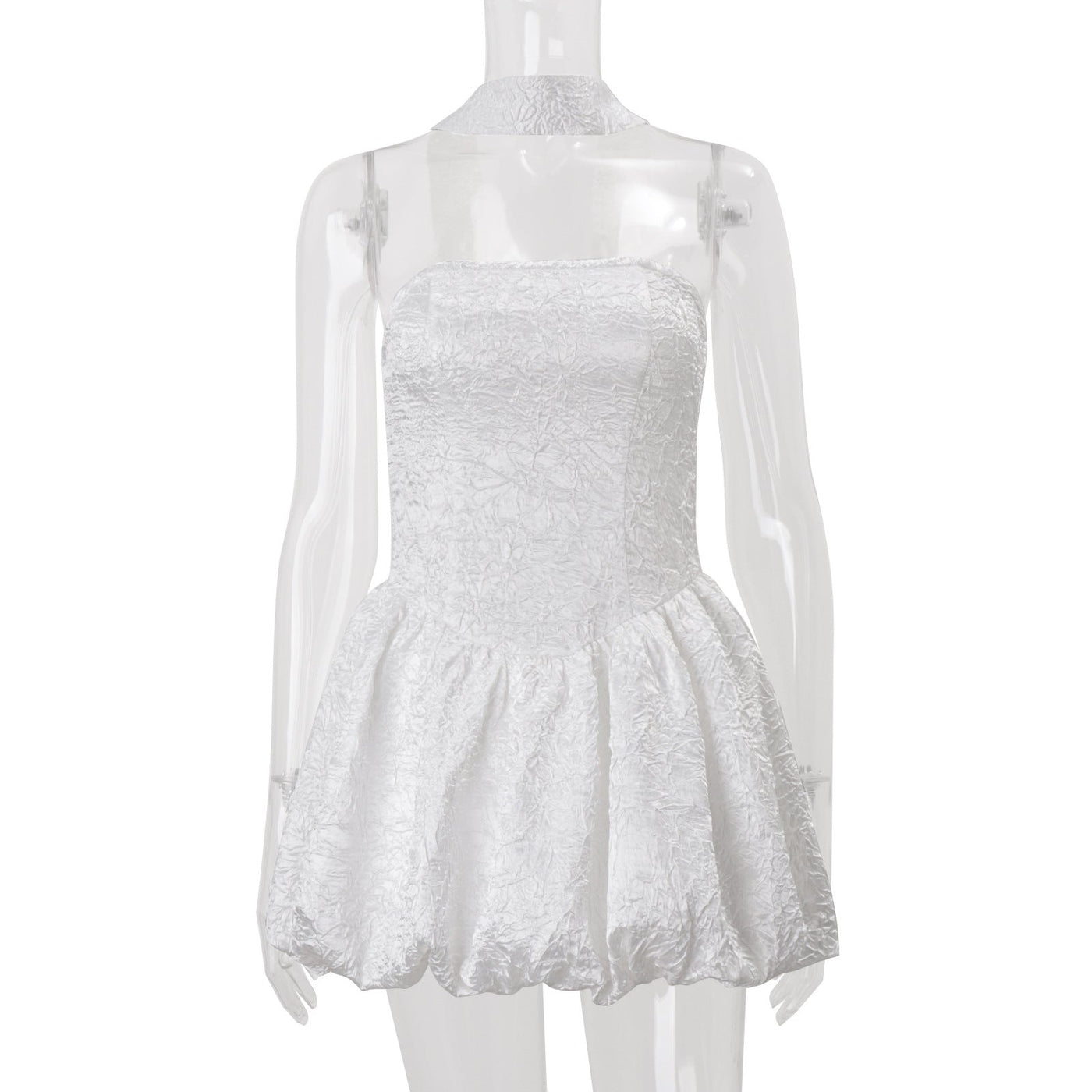 Women Clothing Autumn French Sexy Tube Top Dress Ribbon Fitted Waist Bubble Short Dress