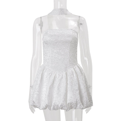 Women Clothing Autumn French Sexy Tube Top Dress Ribbon Fitted Waist Bubble Short Dress