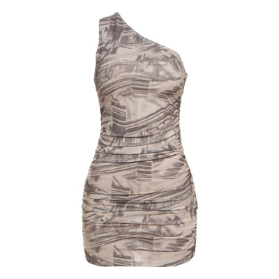 Women Clothing Spring Slim Sexy Cross Shoulder Bag Hip Pleated Print Dress