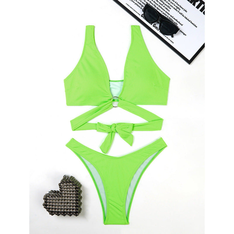 Women Split Three Point Solid Color Ring Small Sunken Stripe Bikini Sexy Swimsuit