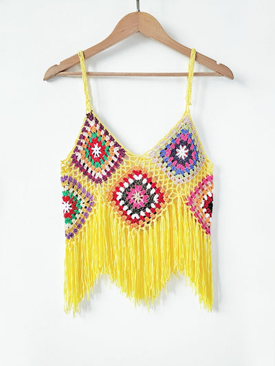 Women Clothing Women Top Pure Hand Crocheting Random Mixed Color Stitching Camisole Tassel Shirt Crochet