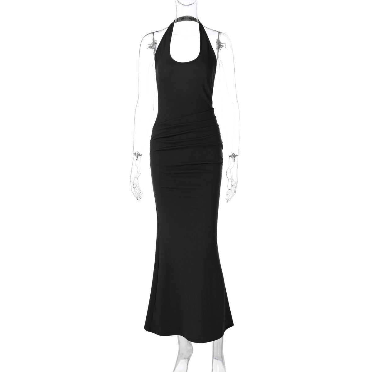 Women Clothing Sexy Deep V Plunge neck Hollow Out Cutout out Halter Slim Solid Color Sleeveless Sheath Dress
