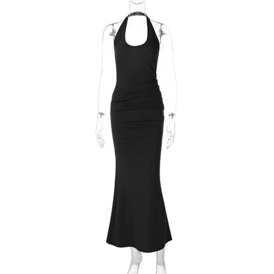 Women Clothing Sexy Deep V Plunge neck Hollow Out Cutout out Halter Slim Solid Color Sleeveless Sheath Dress