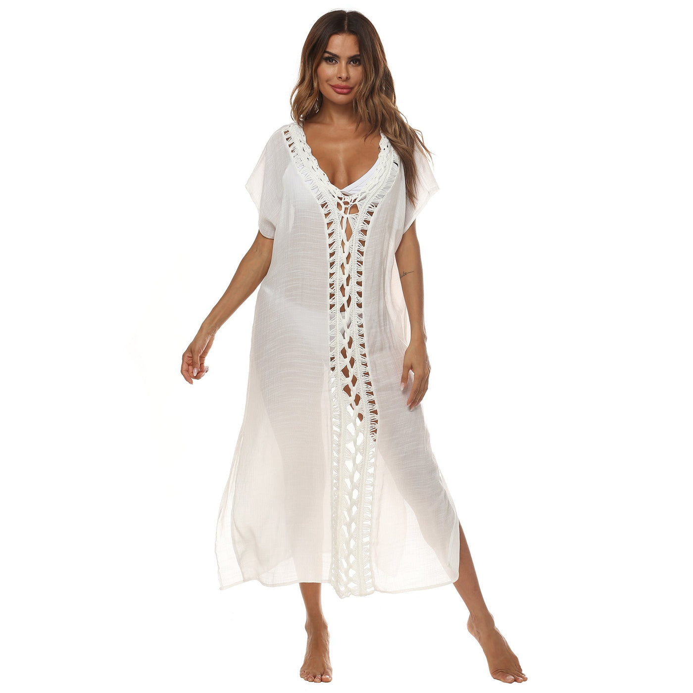 Women Clothing Sexy Deep V Plunge Slit Loose Black White Contrast Color Beach Dress Long