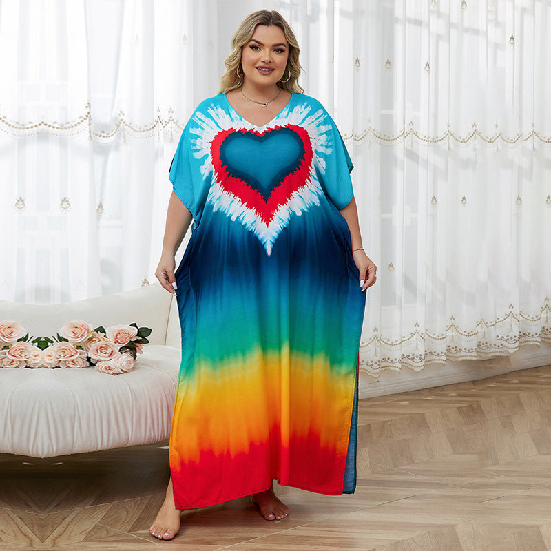 Rayon Positioning Print Holiday Loose Robe Beach Jacket Dress Bikini Cover up Blouse