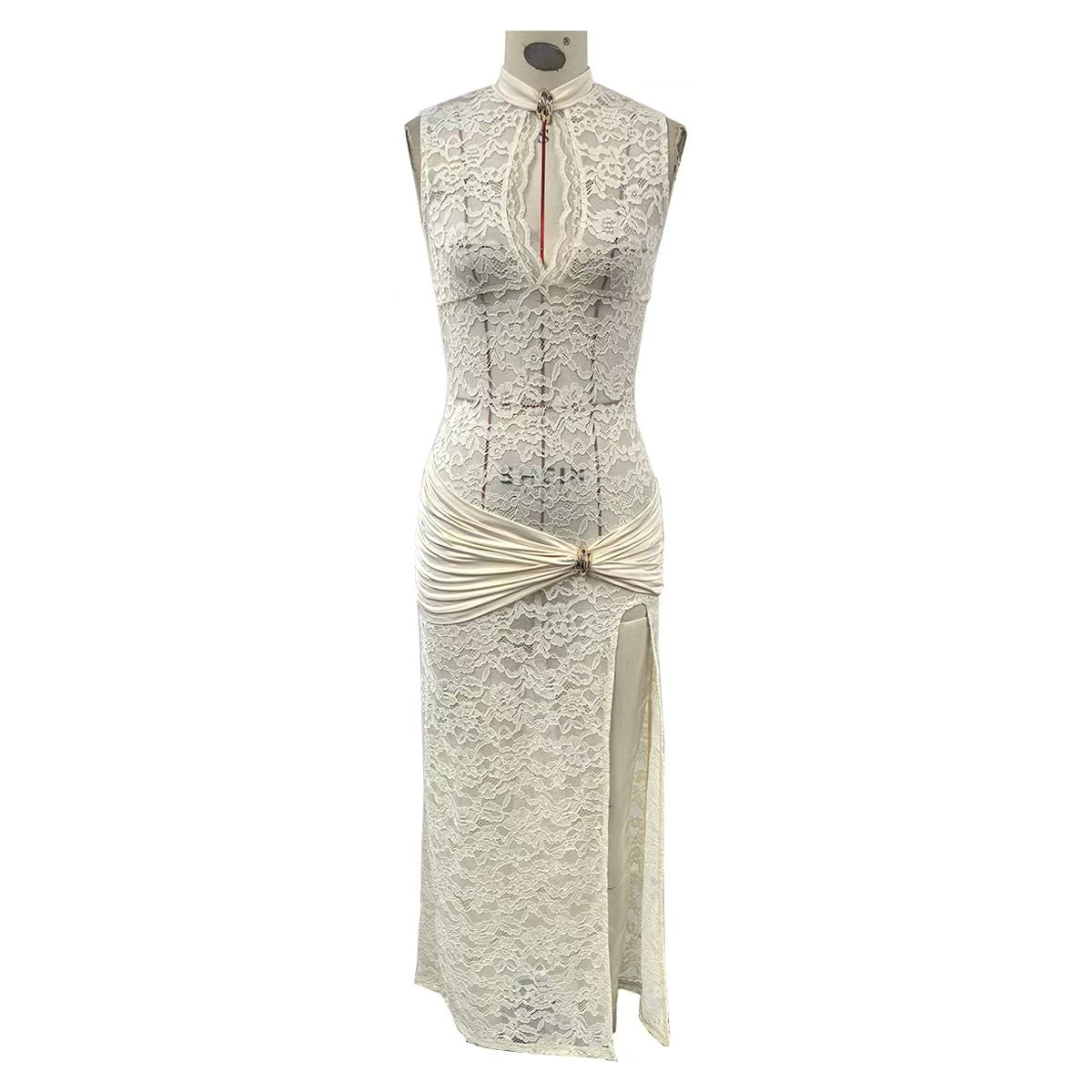 Arrival Sexy Lace Hollow Out Cutout High Slit Slim Sleeveless Dress Women