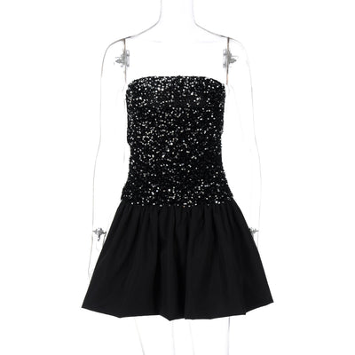 Women Clothing Spring Sexy off the Shoulder Tube Top Short Sequin Dress Women