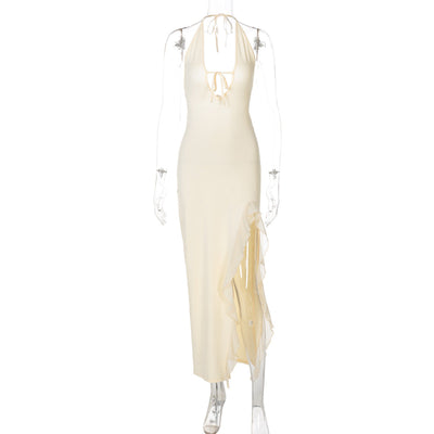 Women Clothing Winter Ruffled Sexy V neck Lace up Backless Dress