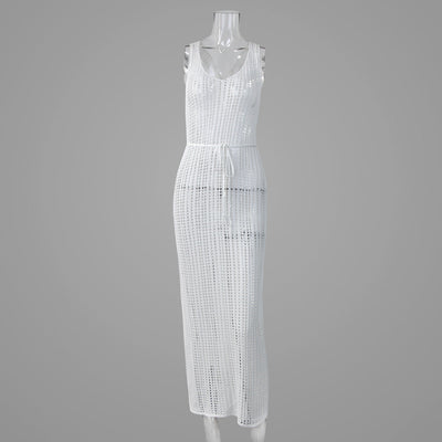 Vacation Beach Sexy Smock Dress Hollow Out Cutout Out See Through Backless Knitted Dress Women