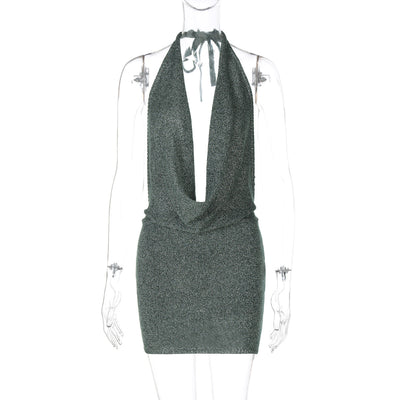 Women Clothing Winter Sexy V neck Backless Lace up Wool Dress