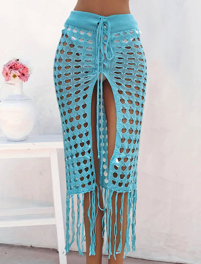 Women Clothing Sexy Cutout Woven Lace up Tassel Dress Split Beach Skirt