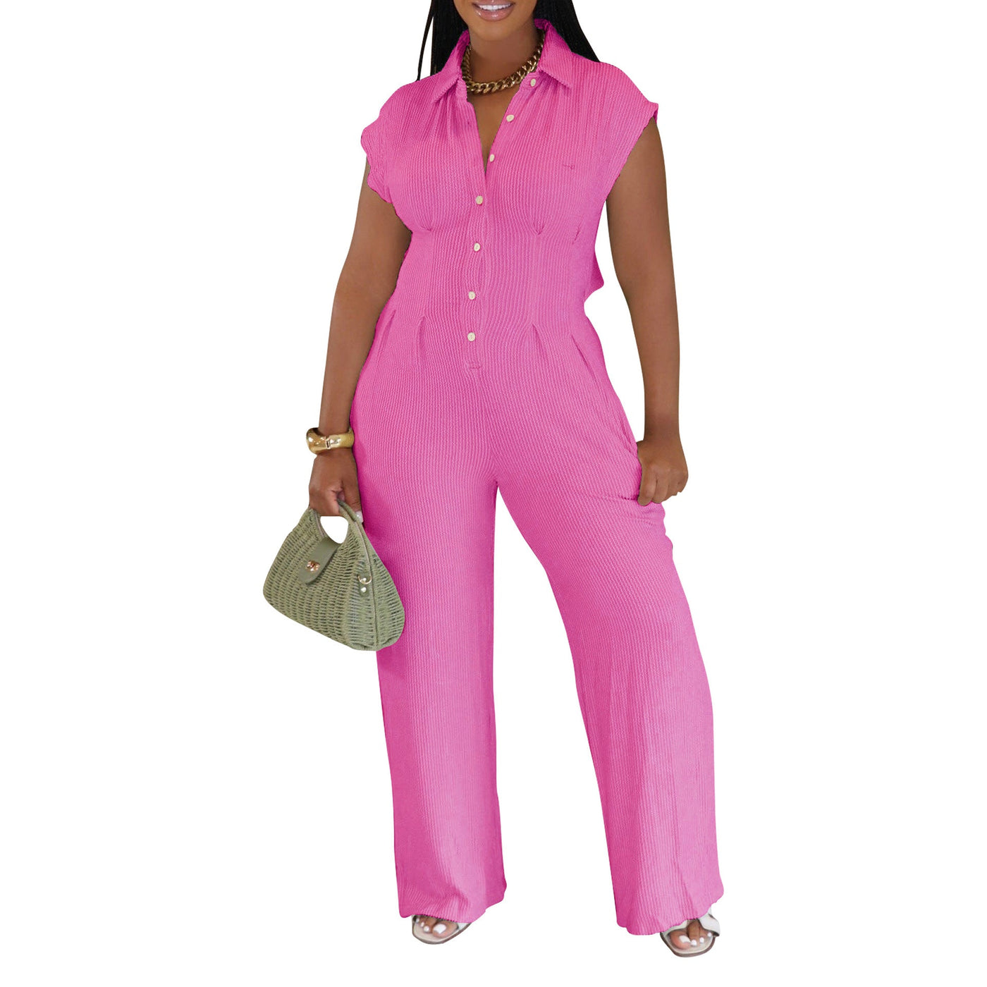 Women Clothing Jumpsuit Striped Collared Slim Shirt Collar Straight Leg Pants Sleeveless Summer
