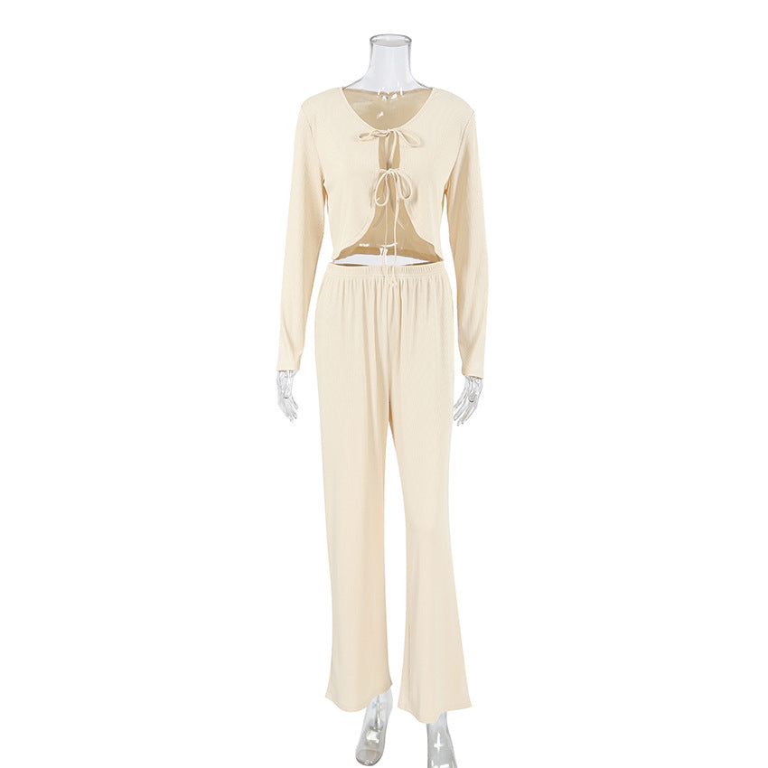 Autumn Winter Long Sleeve Lace up Trousers Two Piece Pajamas Knitted Sunken Stripe Ladies Homewear
