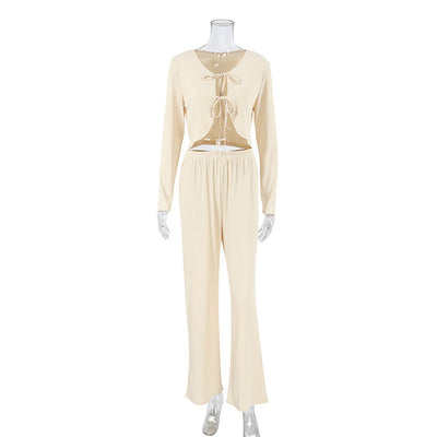 Autumn Winter Long Sleeve Lace up Trousers Two Piece Pajamas Knitted Sunken Stripe Ladies Homewear