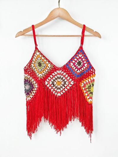 Women Clothing Women Top Pure Hand Crocheting Random Mixed Color Stitching Camisole Tassel Shirt Crochet