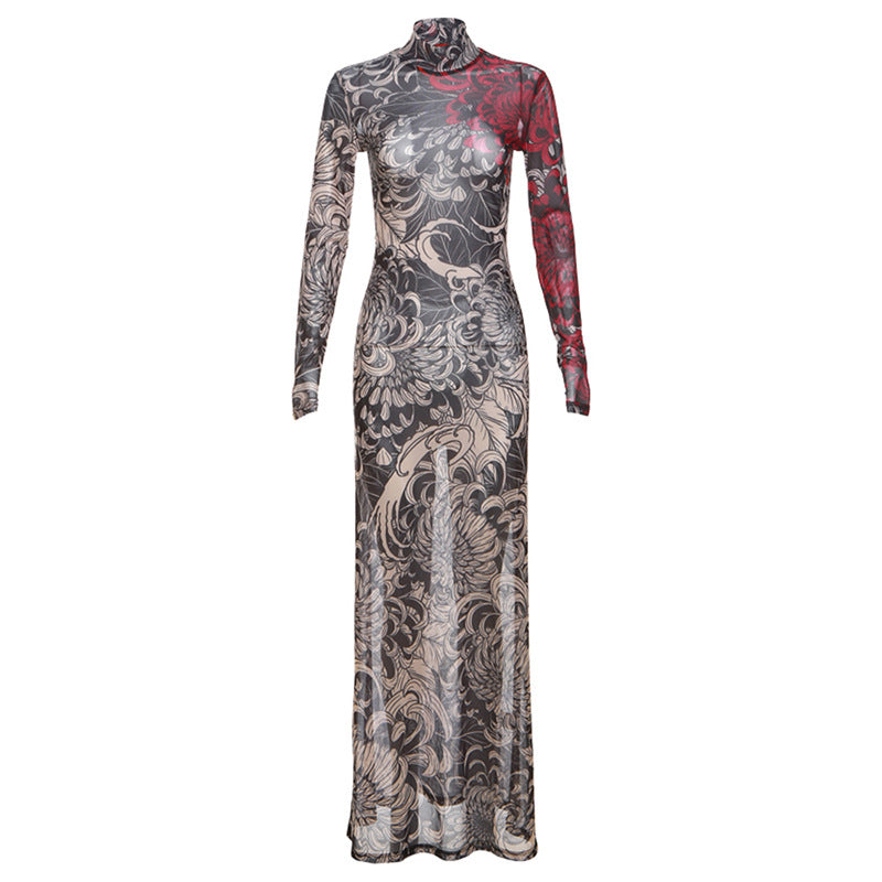 Women Clothing Spring Retro Mesh Personalized Printed Turtleneck Slim Slimming Dress for Women